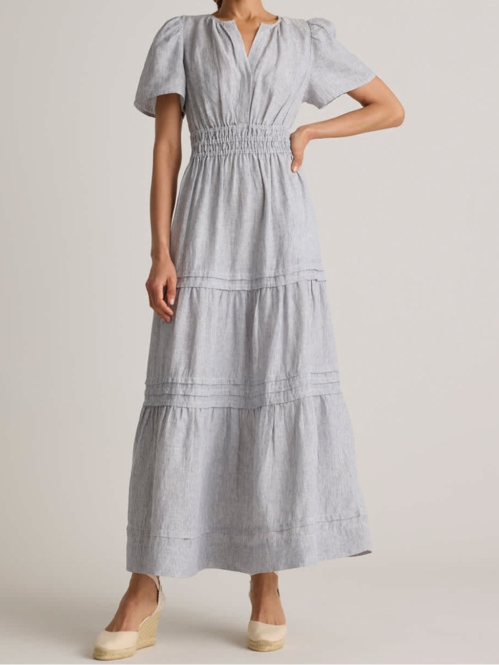 Quince Linen Tiered Maxi Dress Blue Pinstripe S - Picture 2 of 16